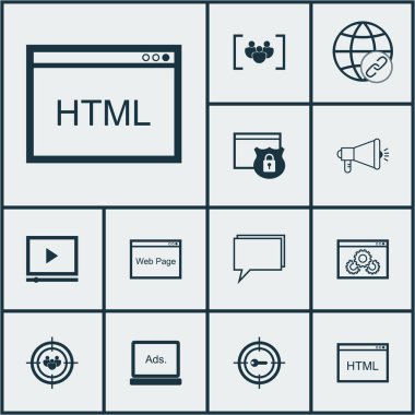 Web sitesi performans, bağlanabilirlik ve konferans konular üzerinde reklam simgeler kümesi. Düzenlenebilir vektör çizim. İçeren korumalı, Link, tarayıcı ve diğer vektör simgeleri.
