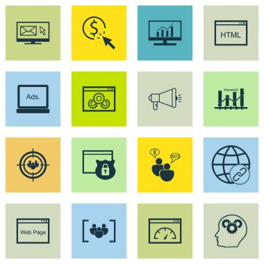 Güvenlik, Seo beyin fırtınası ve bağlantı konuları üzerinde Seo simgeler kümesi. Düzenlenebilir vektör çizim. Kapsamlı, araştırma, Plan ve daha fazla vektör simge içerir.