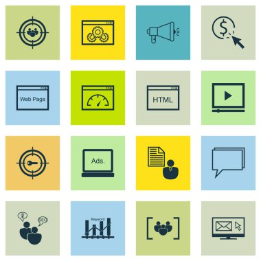 Anahtar kelime Pazarlama, Seo beyin fırtınası ve bülten konular üzerinde Seo simgeler kümesi. Düzenlenebilir vektör çizim. E-posta, hız, sayfa ve daha fazla vektör simge içerir.