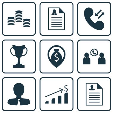 Telefon konferans, başarılı yatırım ve kadın uygulama konuları insan kaynakları simgeler kümesi. Düzenlenebilir vektör çizim. Kariyer, ödül, çalışan ve daha fazla vektör simge içerir.