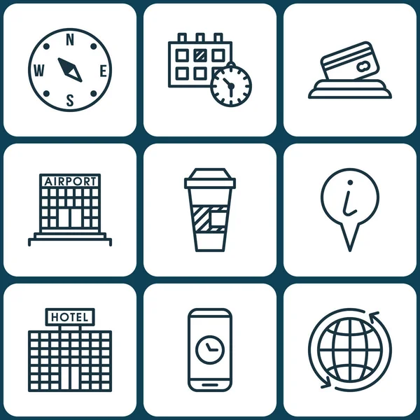 Set van vervoer iconen op afhaalmaaltijden koffie, Credit Card en Hotel bouw onderwerpen. Bewerkbare vectorillustratie. Omvat constructie, kalender, gebouw en meer Vector Icons. — Stockvector