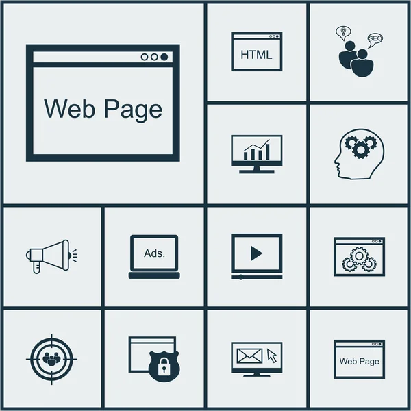 Set di icone di marketing su SEO Brainstorm, Video Player e argomenti multimediali digitali. Illustrazione vettoriale modificabile. Include Video, Web, Sito Web e altre icone vettoriali . — Vettoriale Stock