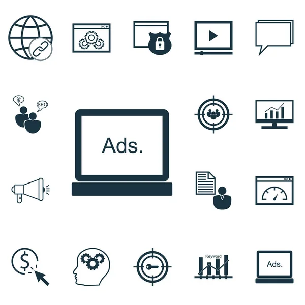 Set van reclame iconen op connectiviteit, Ppc en laden snelheid onderwerpen. Bewerkbare vectorillustratie. Inclusief bijpassende, creativiteit, zakenman en meer Vector Icons. — Stockvector