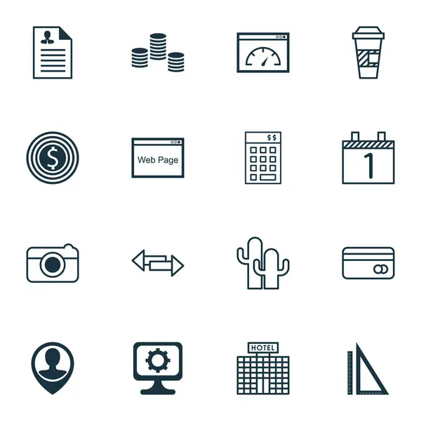 Conjunto de 16 iconos editables universales. Puede ser utilizado para el diseño web, móvil y de aplicaciones. Incluye iconos como la construcción de hoteles, objetivos de negocio, inversión y más . — Vector de stock