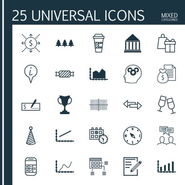 25 evrensel düzenlenebilir simgeler kümesi. Web, mobil ve App tasarım için kullanılabilir. Banka ödemesi, bilgi işaretçi, tatil süsleme ve daha fazlası gibi simgeleri içerir.