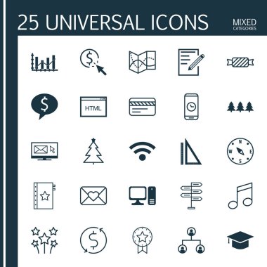 25 evrensel düzenlenebilir simgeler kümesi. Web, mobil ve App tasarım için kullanılabilir. Tatil süsleme, mezuniyet, yükseltme diyagramı ve daha fazlası gibi simgeleri içerir.