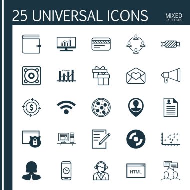 25 evrensel düzenlenebilir simgeler kümesi. Web, mobil ve App tasarım için kullanılabilir. Tartışma, para geri dönüşüm gibi hediye ve daha fazlasını içeren.