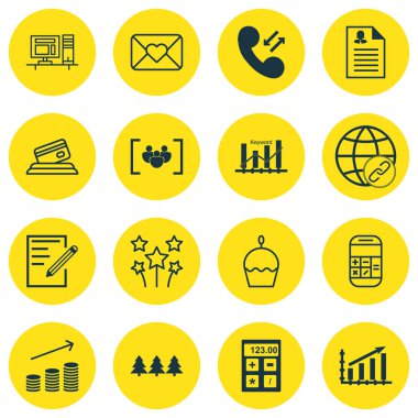 16 evrensel düzenlenebilir simgeler kümesi. Web, mobil ve App tasarım için kullanılabilir. Hesaplama, kağıt, anahtar kelime optimizasyonu ve daha fazlası gibi simgeleri içerir.