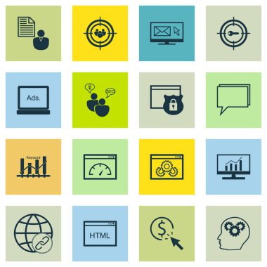 Seo kümesi kodlama üzerinde simgeler beyin süreci ve Web sitesi performans konuları. Düzenlenebilir vektör çizim. Analytics, dijital, bülten ve daha fazla vektör simge içerir.