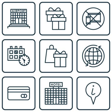 Plastik kart, bugünü ve konular alışveriş ulaşım simgeler kümesi. Düzenlenebilir vektör çizim. Takvim, bilgi, borç ve daha fazla vektör simge içerir.