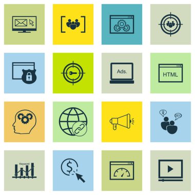 Video oynatıcı, Seo beyin fırtınası ve anahtar kelime optimizasyonu konular Seo simgeler kümesi. Düzenlenebilir vektör çizim. Görüntü, Html, toplum ve daha fazla vektör simge içerir.