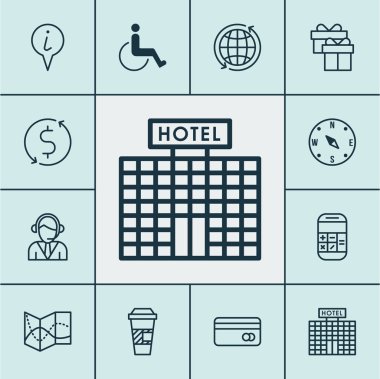 Hediye, otel İnşaatı ve operatör konularda Havaalanı simgeler kümesi. Düzenlenebilir vektör çizim. Merkezi, Exchange, Transfer ve daha fazla vektör simge içerir.