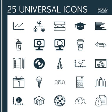 25 evrensel düzenlenebilir simgeler kümesi. Web, mobil ve App tasarım için kullanılabilir. Özet Diyagram, Laptop, doğum günü şapkası ve daha fazlası gibi simgeleri içerir.