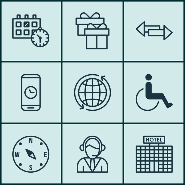 Set di icone di viaggio su accessibilità, durata delle chiamate e argomenti di appuntamento. Illustrazione vettoriale modificabile. Include calendario, intorno, accessibilità e più icone vettoriali . — Vettoriale Stock
