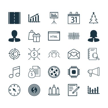 25 evrensel düzenlenebilir simgeler kümesi. Web, mobil ve App tasarım için kullanılabilir. Kağıt, alışveriş, duyuru vb. gibi simgeleri içerir.