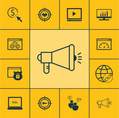 Web sitesi performans, güvenlik ve bağlantı konuları üzerinde reklam simgeler kümesi. Düzenlenebilir vektör çizim. En iyi duruma getirme, güvenlik, bağlantı ve daha fazla vektör simge içerir.