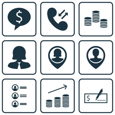 İş anlaşması, paralar büyüme ve banka ödeme konularda Yönetim simgeler kümesi. Düzenlenebilir vektör çizim. Telefon, fikir, başvuru ve daha fazla vektör simge içerir.