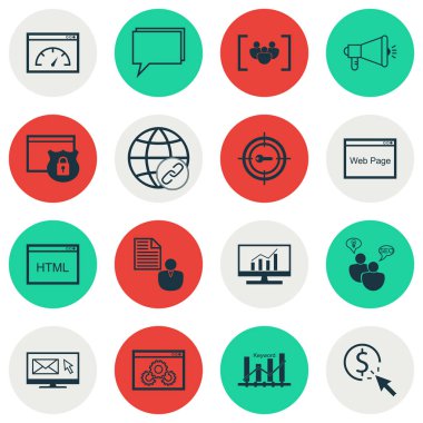 Web sitesi, konferans ve kodlama konular Seo simgeler kümesi. Düzenlenebilir vektör çizim. Sayfa, Analytics, içerir eşleme ve daha fazla vektör simgeleri.