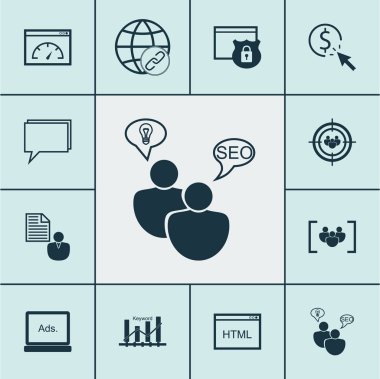 Soru formu, Ppc ve anahtar kelime optimizasyonu konular Seo simgeler kümesi. Düzenlenebilir vektör çizim. Güvenlik, seyirci, grubu ve daha fazla vektör simge içerir.