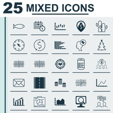 25 evrensel düzenlenebilir simgeler kümesi. Web, mobil ve App tasarım için kullanılabilir. Sıra grafik, para Trasnfer, randevu ve daha fazlası gibi simgeleri içerir.
