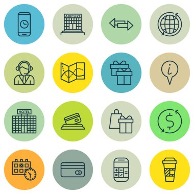 Randevu, alışveriş ve mevcut konular üzerinde Havaalanı simgeler kümesi. Düzenlenebilir vektör çizim. Çevresinde, hesap makinesi, içerir simgeler vektör Küre ve daha fazla.