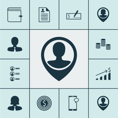 PIN çalışan, özgeçmiş ve iş hedefi konuları yönetimi simgeler kümesi. Düzenlenebilir vektör çizim. Sohbet, para, sikke ve daha fazla vektör simge içerir.