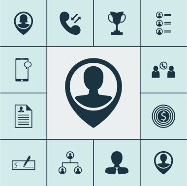 Çalışanın konumu, PIN çalışan ve hücresel veri konuları İK simgeler kümesi. Düzenlenebilir vektör çizim. Profil, kupa, konferans ve daha fazla vektör simge içerir.