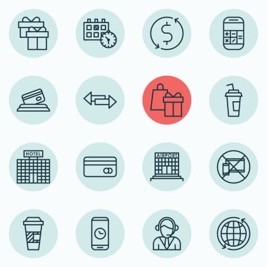 Yasak cep, kavşak ve konular alışveriş seyahat simgeler kümesi. Düzenlenebilir vektör çizim. Telefon, içerir Hayır, operatör ve daha fazla simgeler vektör.