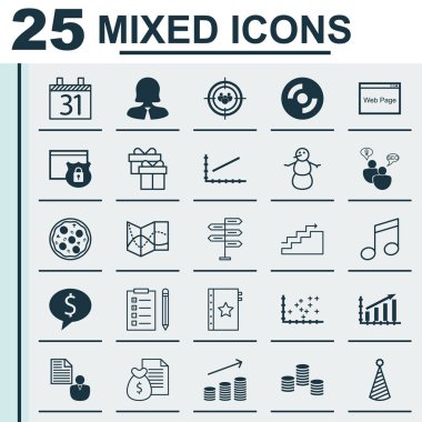 25 evrensel düzenlenebilir simgeler kümesi. Web, mobil ve App tasarım için kullanılabilir. Yol haritası, rapor, Crotchets ve daha fazlası gibi simgeleri içerir.