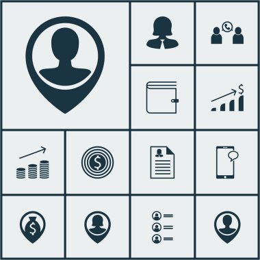 İleti gönderme, paralar büyüme insan kaynakları simgeler kümesi ve iş başvuru konuları. Düzenlenebilir vektör çizim. PIN, dolar, erkek ve daha fazla vektör simge içerir.