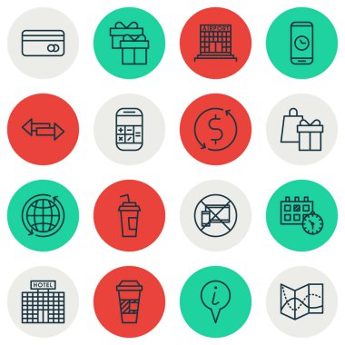 Otel inşaatı, içki Kupası ve dünya konularda ulaşım simgeler kümesi. Düzenlenebilir vektör çizim. Havaalanı, işaretçi, inşaat ve daha fazla vektör simge içerir.