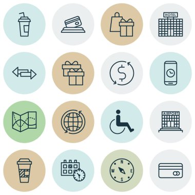 Set simgeleri kavşak, paket servisi olan restoran kahve ve dünya konularda seyahat. Düzenlenebilir vektör çizim. Hediye, takvim, yol ve daha fazla vektör simge içerir.