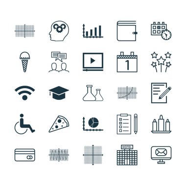 25 evrensel düzenlenebilir simgeler kümesi. Web, mobil ve App tasarım için kullanılabilir. Dilimlenmiş Pizza, kimyasal, hatırlatma ve daha fazlası gibi unsurları içerir.