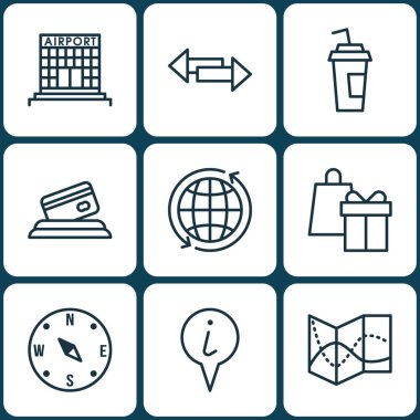 9 seyahat simgeler kümesi. Web, mobil, UI ve Infographic tasarımı için kullanılabilir. Küre, Pusula, işaretçi ve daha fazlası gibi unsurları içerir.