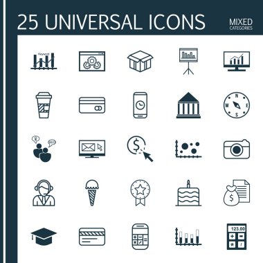 25 evrensel düzenlenebilir simgeler kümesi. Web, mobil ve App tasarım için kullanılabilir. Pazar araştırması, paket servisi olan restoran kahve, Street ve daha fazla gibi unsurları içerir.
