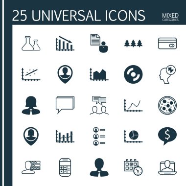 25 evrensel düzenlenebilir simgeler kümesi. Web, mobil ve App tasarım için kullanılabilir. Sıra grafik, konferans, Pizza yemek ve daha fazlası gibi unsurları içerir.