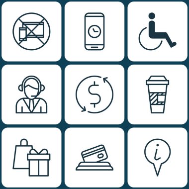 9 seyahat simgeleri ayarlayın. Web, mobil, UI ve Infographic tasarımı için kullanılabilir. Operatör, tatil, kredi ve daha fazlası gibi unsurları içerir.