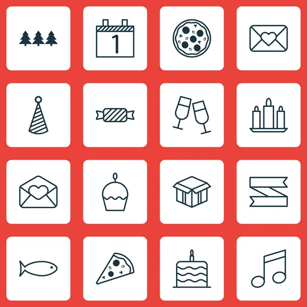 Conjunto de 16 ícones de férias. Pode ser usado para Web, Mobile, UI e design infográfico. Inclui elementos como festa, bolo, Natal e muito mais . —  Vetores de Stock