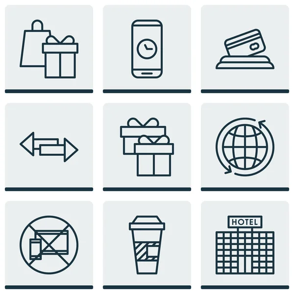 Set di 9 icone viaggianti. Può essere utilizzato per Web, Mobile, UI e design infografico. Include elementi come shopping, caffè, telefono e altro ancora . — Vettoriale Stock