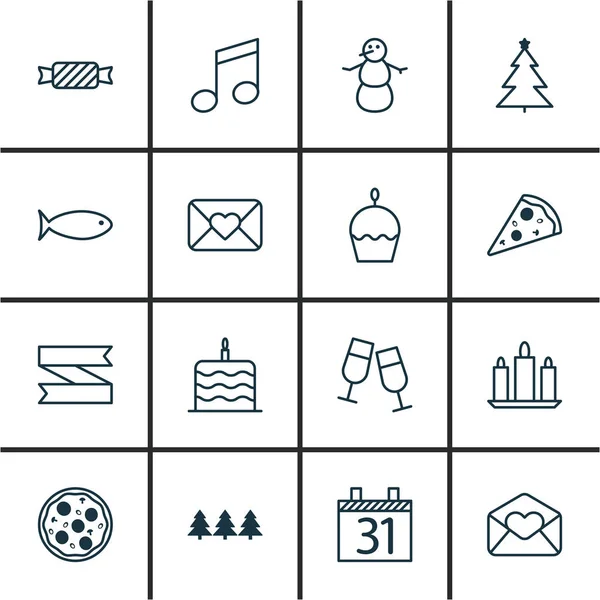Набір з 16 новорічних іконок. Може використовуватися для веб, мобільного, інтерфейсу та інфографіки. Включає такі елементи, як їжа, привітання, Різдво і більше . — стоковий вектор
