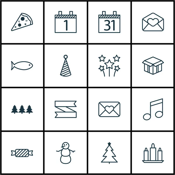 Conjunto de 16 iconos de Año Nuevo. Puede ser utilizado para el Web, móvil, interfaz de usuario y diseño infográfico. Incluye elementos tales como caramelo, sobre, calendario y más . — Vector de stock