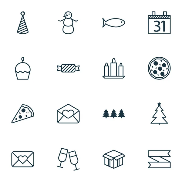 Set Of 16 Holiday Icons. Can Be Used For Web, Mobile, UI And Infographic Design. Includes Elements Such As Caramel, Glasses, Love And More. — Stock Vector