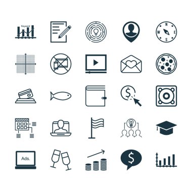 25 evrensel düzenlenebilir simgeler kümesi. Web, mobil ve App tasarım için kullanılabilir. M-cüzdan, dijital medya, şampanya bardakları ve daha fazlası gibi unsurları içerir.