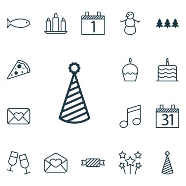 16 yeni yıl simgeler kümesi. Web, mobil, UI ve Infographic tasarımı için kullanılabilir. Ağaç, kardan adam, parça ve daha fazlası gibi unsurları içerir.