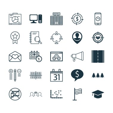 25 evrensel düzenlenebilir simgeler kümesi. Web, mobil ve App tasarım için kullanılabilir. Masaüstü bilgisayar, analiz, odak grup ve daha fazlası gibi unsurları içerir.