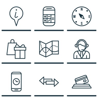 9 seyahat simgeler kümesi. Web, mobil, UI ve Infographic tasarımı için kullanılabilir. İşaretçi, yol, telefon ve daha fazlası gibi unsurları içerir.