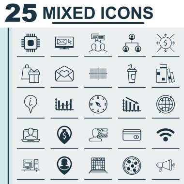 25 evrensel düzenlenebilir simgeler kümesi. Web, mobil ve App tasarım için kullanılabilir. Sosyal profil, Pizza yemek, kare diyagramı ve daha fazlası gibi unsurları içerir.