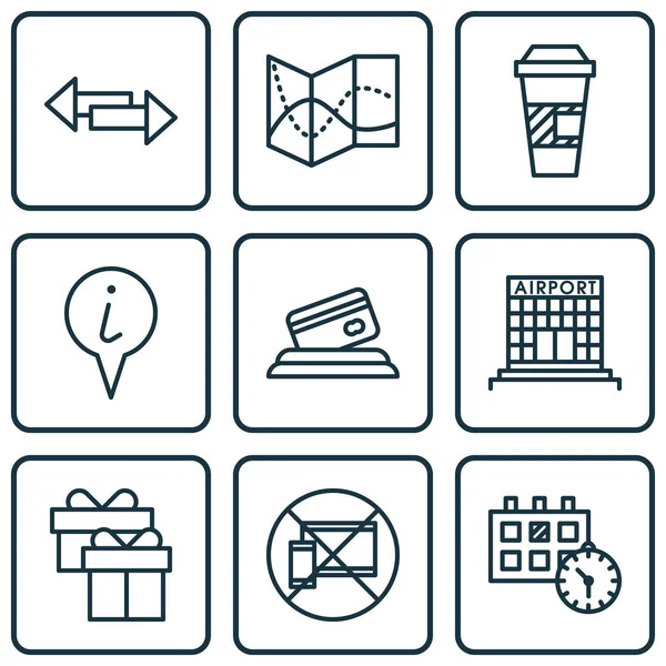 Conjunto de 9 iconos de transporte. Puede ser utilizado para el Web, móvil, interfaz de usuario y diseño infográfico. Incluye elementos tales como mapa, dispositivo, construcción y más . — Vector de stock