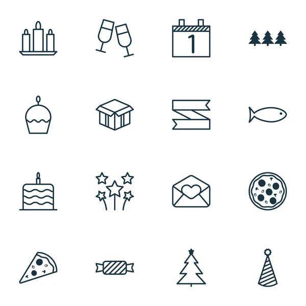 Conjunto de 16 iconos de celebración. Puede ser utilizado para el Web, móvil, interfaz de usuario y diseño infográfico. Incluye elementos como el mes, dulce, sombrero y más . — Archivo Imágenes Vectoriales