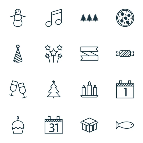 Zestaw 16 ikon szczęśliwego nowego roku. Może służyć do sieci Web, mobilnych, interfejsu użytkownika i Infographic Design. Zawiera elementy, takie jak Muffin, ciasto, musicalu i więcej. — Wektor stockowy